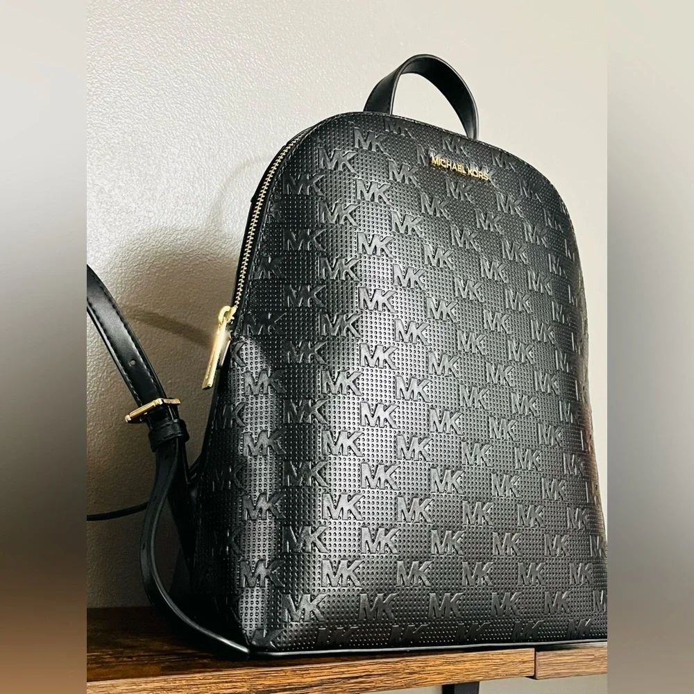Michael Kors Cindy Large Backpack Black Perforated Leather MK Logo NWT - Picture 2 of 5